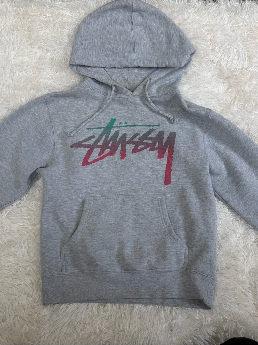 Stussy Grey Crewneck Hoodie with Green and Red Script